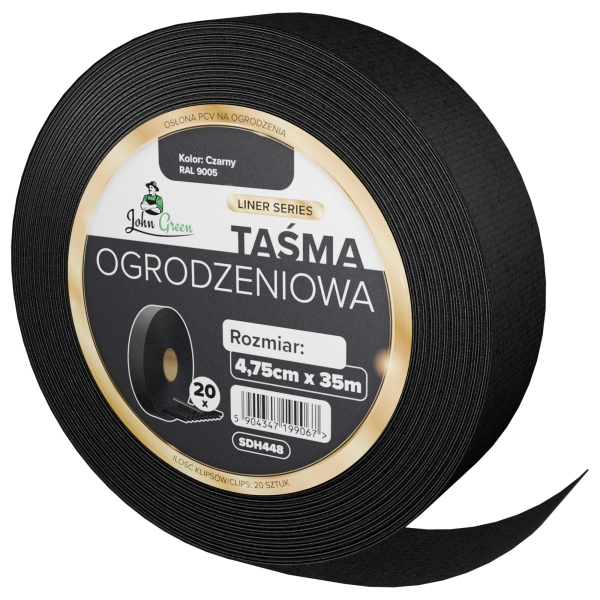 Taśma ogrodzeniowa 4,75 cm x 35 m w kolorze czarnym z klipsami do mocowania