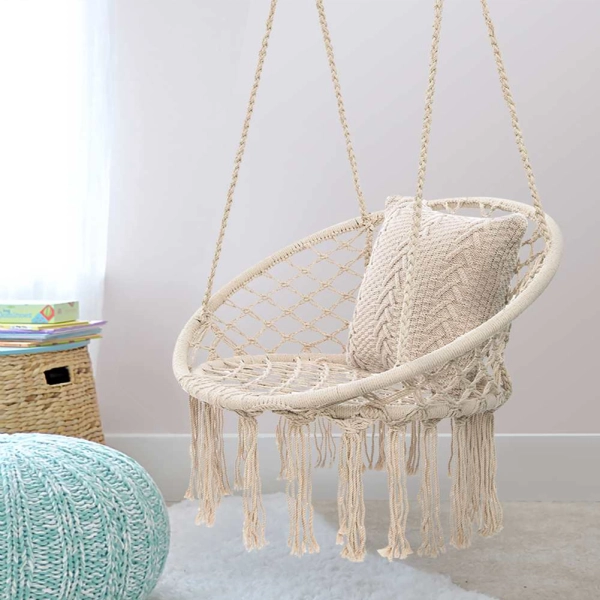 Fotel wiszący pleciony w stylu BOHO 80 cm w kolorze ecru